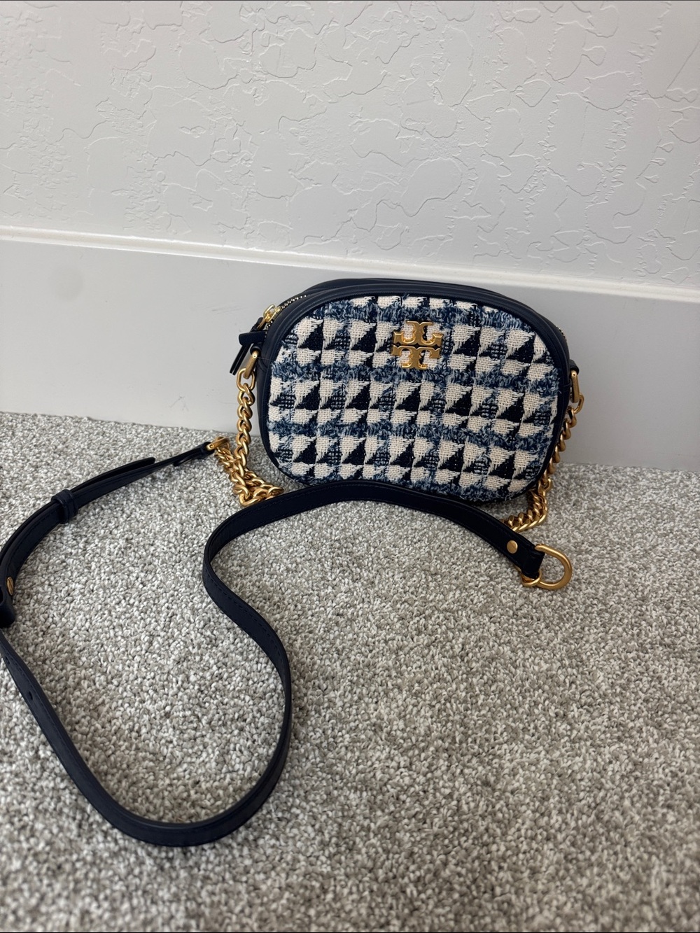 Tory Burch Navy and White Houndstooth Tweed Crossbody with Gold Chain